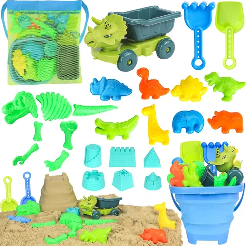 FUSPWEAO Juguetes de playa, juguetes de arena de dinosaurios con camión volquete y cubo de playa plegable, pala y rastrillo, bolsa de malla, moldes