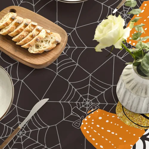 Miniatura 5 de Horaldaily Mantel rectangular de Halloween de 52 x 70 pulgadas, diseño de telaraña de calabaza con temática de miedo, color negro, lavable