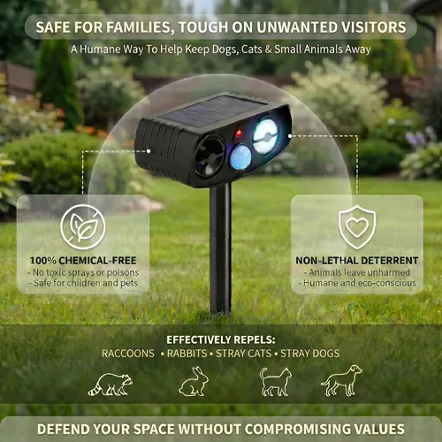 Miniatura 7 de Repelente ultrasónico de animales, sensor de movimiento alimentado por energía solar, disuasorio de animales al aire libre con luz estroboscópica