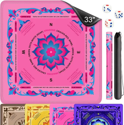 Tapete Mahjong de neopreno con reglas, tapete Mahjong de 33 x 33 pulgadas para mesa, tapete Mah Jongg antideslizante con reducción de ruido con Rosa