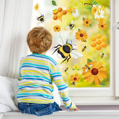 Miniatura 7 de Zonon 90 calcomanías de ventana de abeja de verano, calcomanías para ventana, calcomanías de girasol, calcomanías de panal, decoración de panal