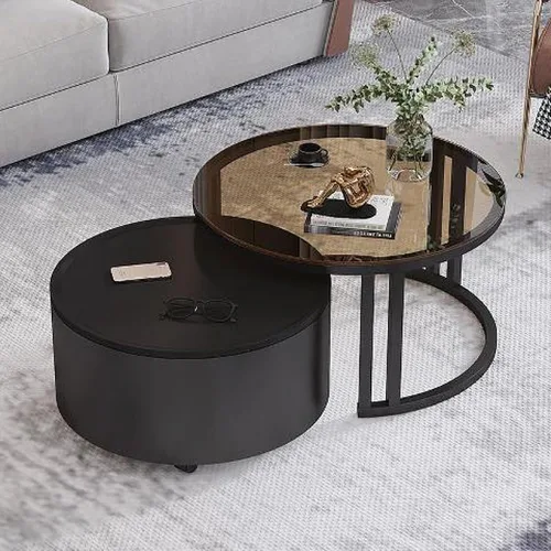 Miniatura 18 de Couchtisch Rund 2er Set, Kreativer Runder Couchtisch Aus Glas mit Metallrahmen, Mit Stauraum für Kleine Räume Wohnzimmer Schlafzimmer Balkone mit B