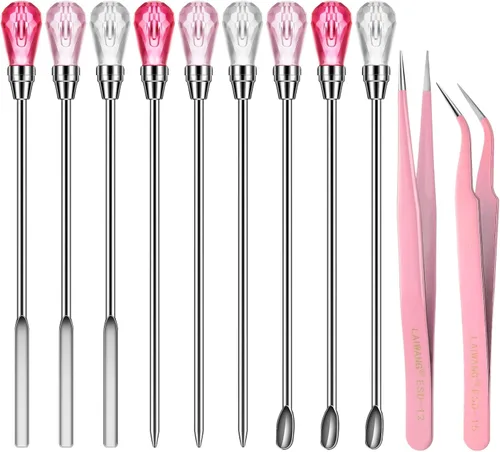 Maitys Kit de herramientas de cuchara de resina de 11 piezas, 9 cucharas de aguja agitadora y 2 pinzas para purpurina y resina de silicona,
