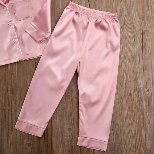 Miniatura 6 de Conjunto de pijama de satén para bebés y niños pequeños, pijamas de manga larga con botones para niñas