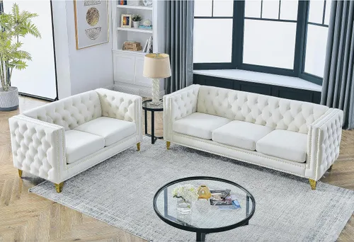 Miniatura 16 de Sofá moderno Chesterfield de terciopelo de 58 pulgadas, respaldos tapizados con brazos de cabeza de clavo, sofá biplaza para sala de estar