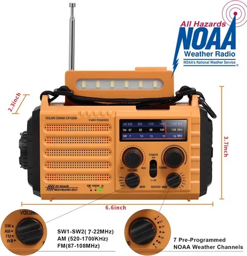 Miniatura 4 de NOAA - Radio meteorológica AM/FM/onda corta, radio de emergencia de 5 vías, 5000 mAh/18500 mWh, manivela solar, cargador de teléfono portátil