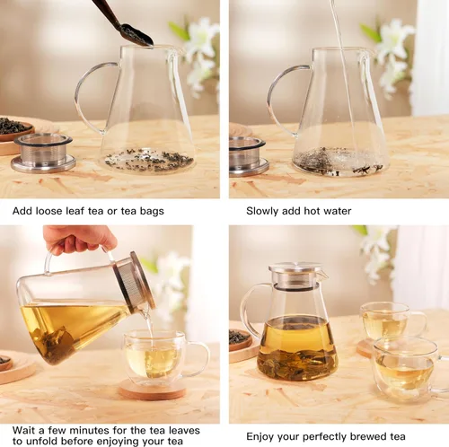 Miniatura 7 de CNGLASS Tetera de vidrio de 30.5 oz/900 ml segura para estufa, tetera de un toque transparente, tetera para té floreciente y de hojas sueltas