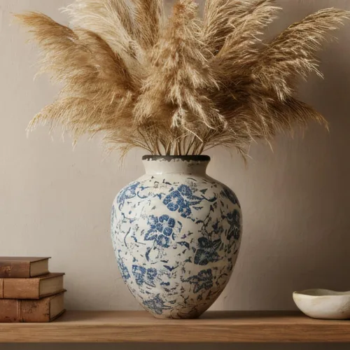 Jarrón de cerámica azul y blanco de 8 pulgadas, florero floral vintage de cerámica con esmalte agrietado, jarrón decorativo impermeable para flores,