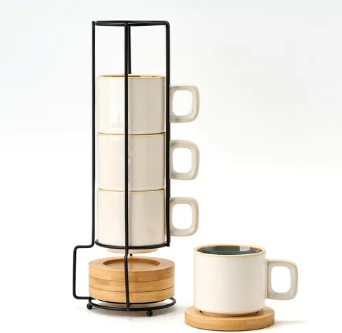 Miniatura 15 de LUKA Tazas de Porcelana Apilables a Cuadros Blancos y Negros para Espresso con Platillos y Soporte de Metal, Juego de Tazas Pequeñas de Cerámica