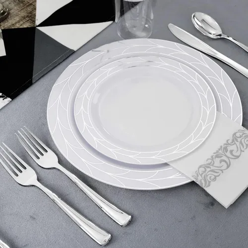Miniatura 6 de COLOSUS Juego de 175 platos desechables de plástico y cubiertos de Año Nuevo, incluye 25 platos llanos, 25 platos de postre, 25 tazas, 25 Plateado