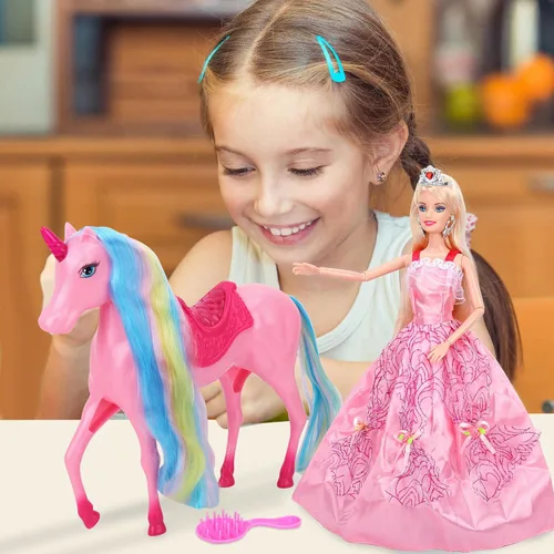Miniatura 3 de BETTINA Juego de muñecas de princesa unicornio con luz mágica, juguetes de unicornio para niñas, juguete de caballo con melena y cola, juguetes