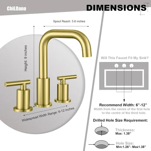 Miniatura 2 de ChiLDano Grifo de Baño Dorado con Desagüe y Manguera de Suministro, 2 Manijas Grifo de Baño Extendido Oro Cepillado para Lavabo de 3 Orificios