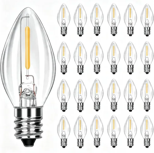 Paquete de 25 bombillas LED C7 de luz blanca cálida para Navidad, bombillas LED E12 de repuesto para luces de cadena de Navidad interiores y