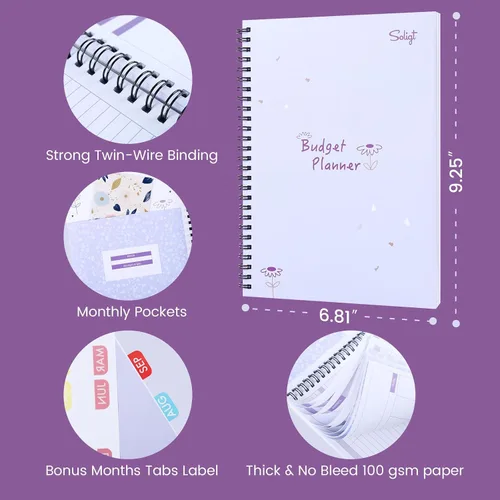 Miniatura 6 de Agenda de presupuesto mensual (sin fecha) con 12 bolsillos para ingresos, deudas, ahorros, gastos y organizador de seguimiento de facturas, morado