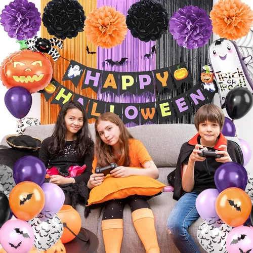 Miniatura 7 de Juego de decoraciones de fiesta morado, negro y naranja, kit de decoraciones de Halloween que incluye pancarta HAPPY HALLOWEEN, globos de papel