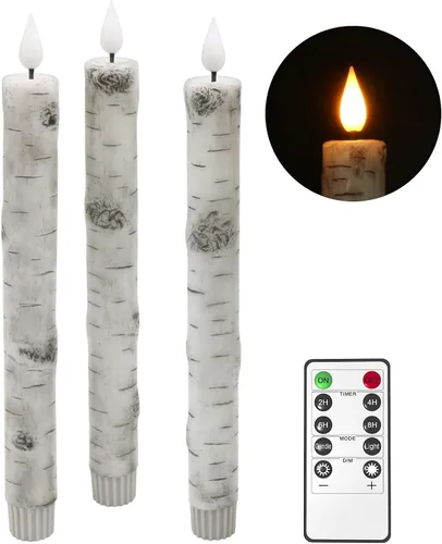 Miniatura 9 de PChero - Velas cónicas sin llama con temporizador remoto, paquete de 3 portavelas de corteza de abedul con cera real que funcionan con pilas, velas