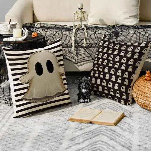 Miniatura 3 de AVOIN colorlife Juego de 4 fundas de almohada de Halloween Hey Boo con diseño de fantasma, 16 x 16 pulgadas, para sofá