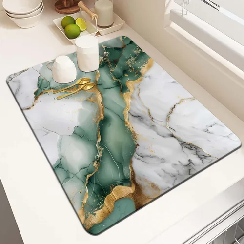 Miniatura 10 de MCALK Tapete de secado de platos negro mármol para encimera de cocina, almohadilla de secado de platos dorada con base de goma antideslizante