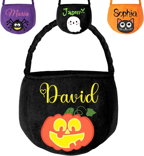 Miniatura 11 de Cubo personalizado de Halloween con nombre, cesta de dulce o truco de Halloween, regalo personalizado para niños y niñas, color negro