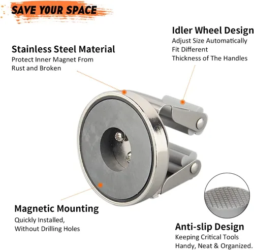 Miniatura 7 de MUTUACTOR Soportes magnéticos para escobas, 2 piezas de clips magnéticos resistentes antiroturas para montaje en pared, sin perforación, ganchos