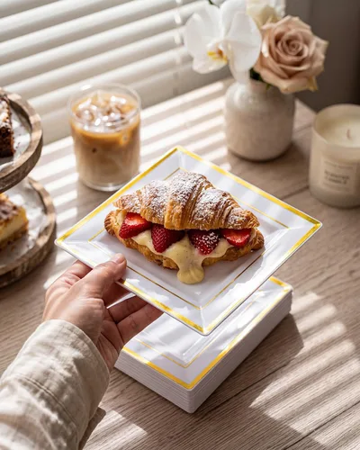 Miniatura 8 de bUCLA 100 platos cuadrados dorados de plástico, platos desechables de postre/pastel de 6 pulgadas, platos cuadrados duros de primera calidad