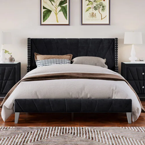 Miniatura 7 de Marco de cama tapizado de terciopelo contemporáneo con acolchado de canal y ribete de cabeza de clavos, no necesita somier (negro, matrimonial)