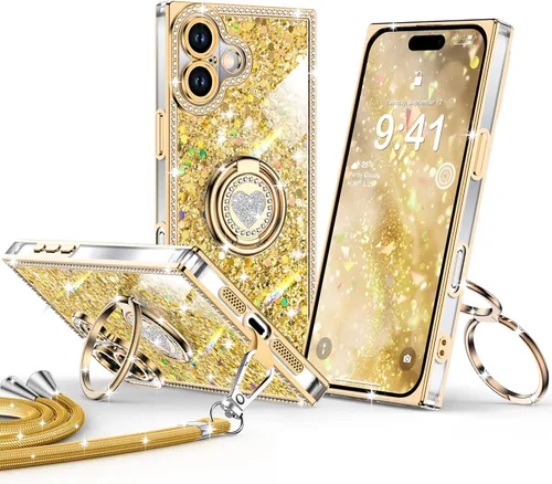 Miniatura 22 de XYZ Funda para iPhone 13, con purpurina brillante con soporte de corazón de 2 anillos y cordón, funda protectora a prueba de golpes con diamantes