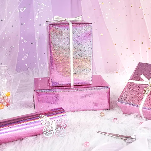 Miniatura 4 de LeZakaa Papel de Regalo Holográfico Rosa, Papel de Aluminio Metálico con Brillo y Diseño de Estrellas para Navidad, Día de la Madre, Graduación
