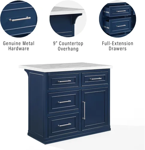 Miniatura 6 de Crosley Furniture Cutler - Isla de cocina con parte superior de mármol sintético con almacenamiento, barra de desayuno, soporte para microondas