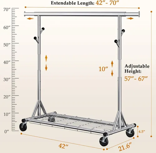 Miniatura 3 de Gewudraw Perchero resistente para ropa con capacidad de carga de 240 kg, estante de ropa de metal con ruedas y estantes resistentes, perchero Plata