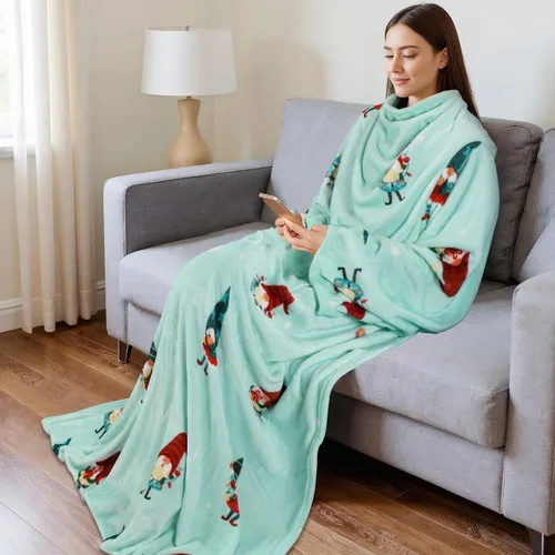 Miniatura 3 de Catalonia Manta con estampado navideño con mangas y bolsillo, acogedora manta de forro polar suave de visón, manta de microfelpa para mujeres y Elfo