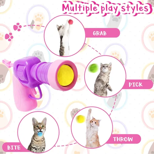 Miniatura 7 de 2 lanzadores de juguetes para gatos y 100 pelotas de pompón para gatos, lanzador de pelotas de juguete para gatos, juguete interactivo