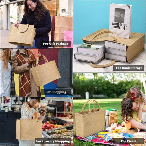 Miniatura 7 de Shappy Paquete de 8 bolsas de arpillera con asas de 15.8 x 11.8 x 5.9 pulgadas, bolsas de yute con interior laminado, bolsa de comestibles Marrón