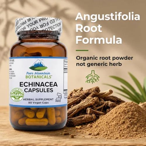 Miniatura 3 de Pure Mountain Botanicals Cápsulas de equinácea - Raíz orgánica de Angustifolia - 420 mg - 90 cápsulas - Suministro para 90 días - Suplemento Kosher