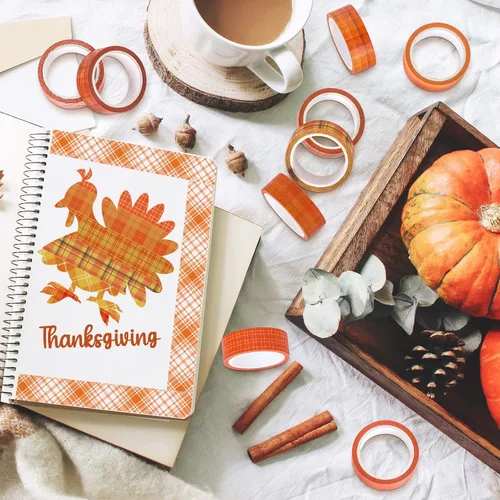 Miniatura 6 de Whaline 12 rollos de cintas Washi de otoño a cuadros naranja rojo búfalo cinta decorativa de otoño de color sólido de lunares con patrón de cinta