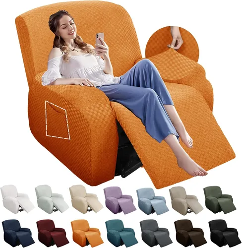 Miniatura 14 de YEMYHOM Funda elástica de 4 piezas para silla reclinable de jacquard con bolsillo lateral, antideslizante, ajustable, protector de muebles con parte