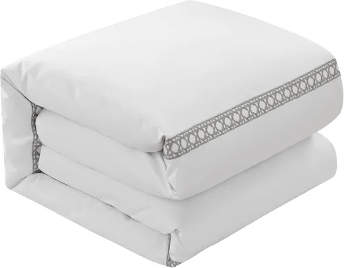 Miniatura 5 de Chic Home Lewiston - Juego de funda de edredón de mezcla de algodón de 3 piezas, 1500 hilos, color blanco sólido con detalles de costuras bordadas