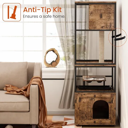 Miniatura 6 de AWQM Caja de arena grande para gatos, torre de árbol de 3 niveles con cuenco de alimentación elevado, postes rascadores, baño oculto, condominio