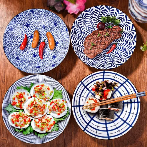 Miniatura 2 de Juego de 4 platos japoneses de cerámica blanca y azul de 8 pulgadas, platos grandes para aperitivos, pasta, postres y ensaladas, microondas, horno