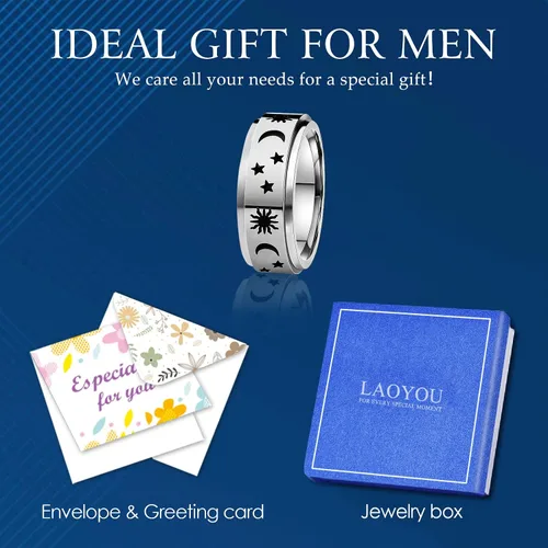 Miniatura 38 de LAOYOU Anillo giratorio para hombre para alivio de la ansiedad 0.315 in de acero inoxidable negro anillo de ansiedad con incrustaciones de cadena
