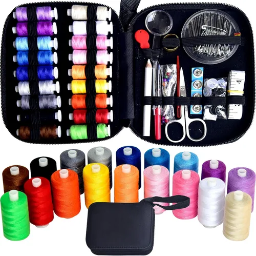 Miniatura 10 de Kit de costura con estuche, suministros de costura portátiles para el hogar, viajero, adultos, principiantes, emergencia, contiene 18 hilos