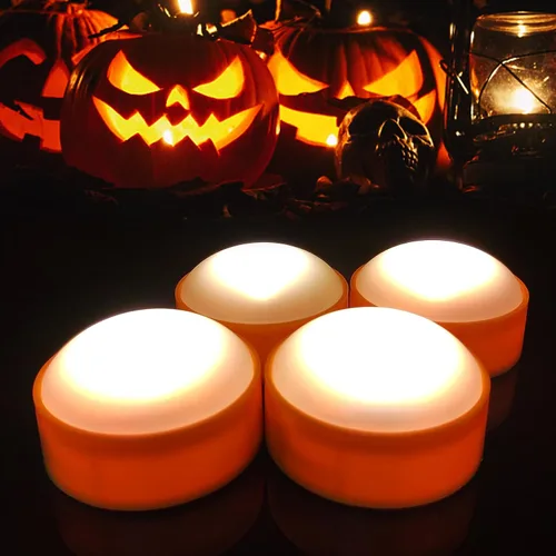 Paquete de 4 luces de calabaza de Halloween con control remoto/temporizador, velas LED que funcionan con pilas, luces naranjas sin llama, velas