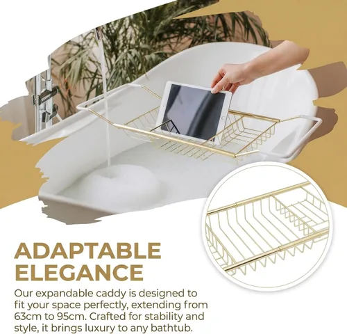 Miniatura 7 de Cabilock Bandeja de baño de acero inoxidable de lujo – Estante de baño moderno expandible de 24.8 pulgadas para bañera con copa de vino y soporte