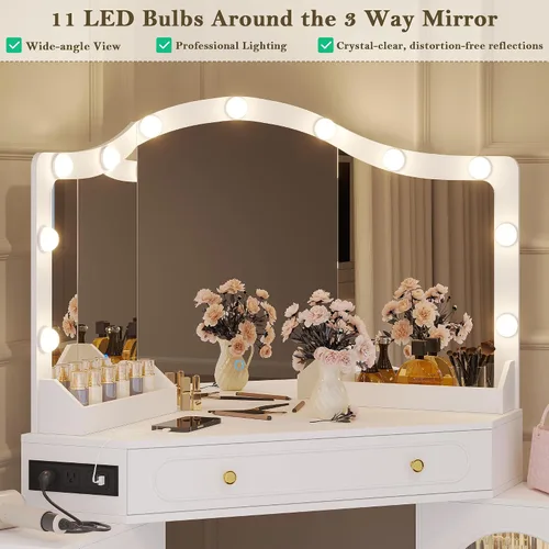 Miniatura 8 de Escritorio esquinero con espejo de 3 vías y luces LED, juego de mesa de maquillaje con estación de carga, cajones de almacenamiento y armarios