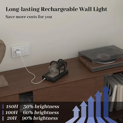 Miniatura 8 de Luces de pared vintage a pilas con acabado de madera sintética, lámpara de pared regulable, sin cableado, fácil de instalar, aplique de pared