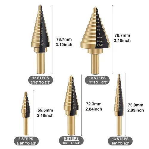Miniatura 2 de Juego de brocas de 5 piezas, 50 tamaños, con revestimiento de titanio HSS para metal, acero inoxidable, aluminio, hierro, madera y plástico