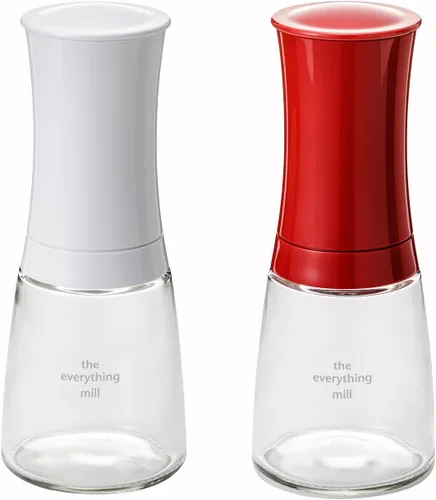 Miniatura 2 de Kyocera Juego de 2 molinos de pimienta, sal, semillas y especias con molinillo de cerámica avanzado ajustable, blanco brillante/rojo manzana caramelo