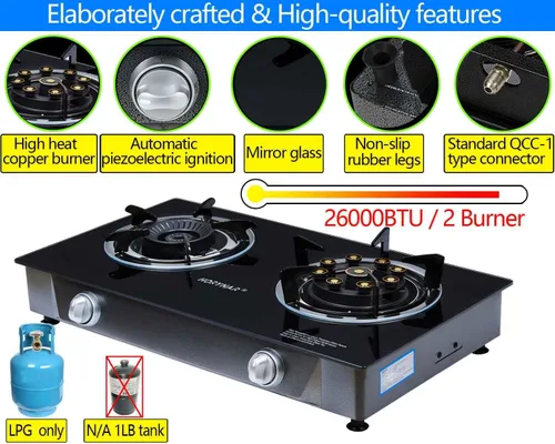 Miniatura 5 de Horynar Estufa de propano de 2 quemadores Estufa de gas Novel 9 Quemadores de propano de cobre, vidrio templado de encendido automático con manguera