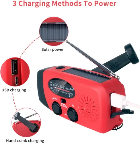 Miniatura 3 de Radio de manivela solar de emergencia mejorada con linterna LED, radio meteorológica portátil Am Fm NOAA, cargador de teléfono celular