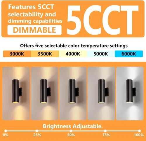 Miniatura 3 de DAKAFUL 5CCT - Luces de pared regulables para exteriores, paquete de 2 unidades, 3000 K, 5000 K, 6000 K, cilindro LED integrado, luz de aluminio